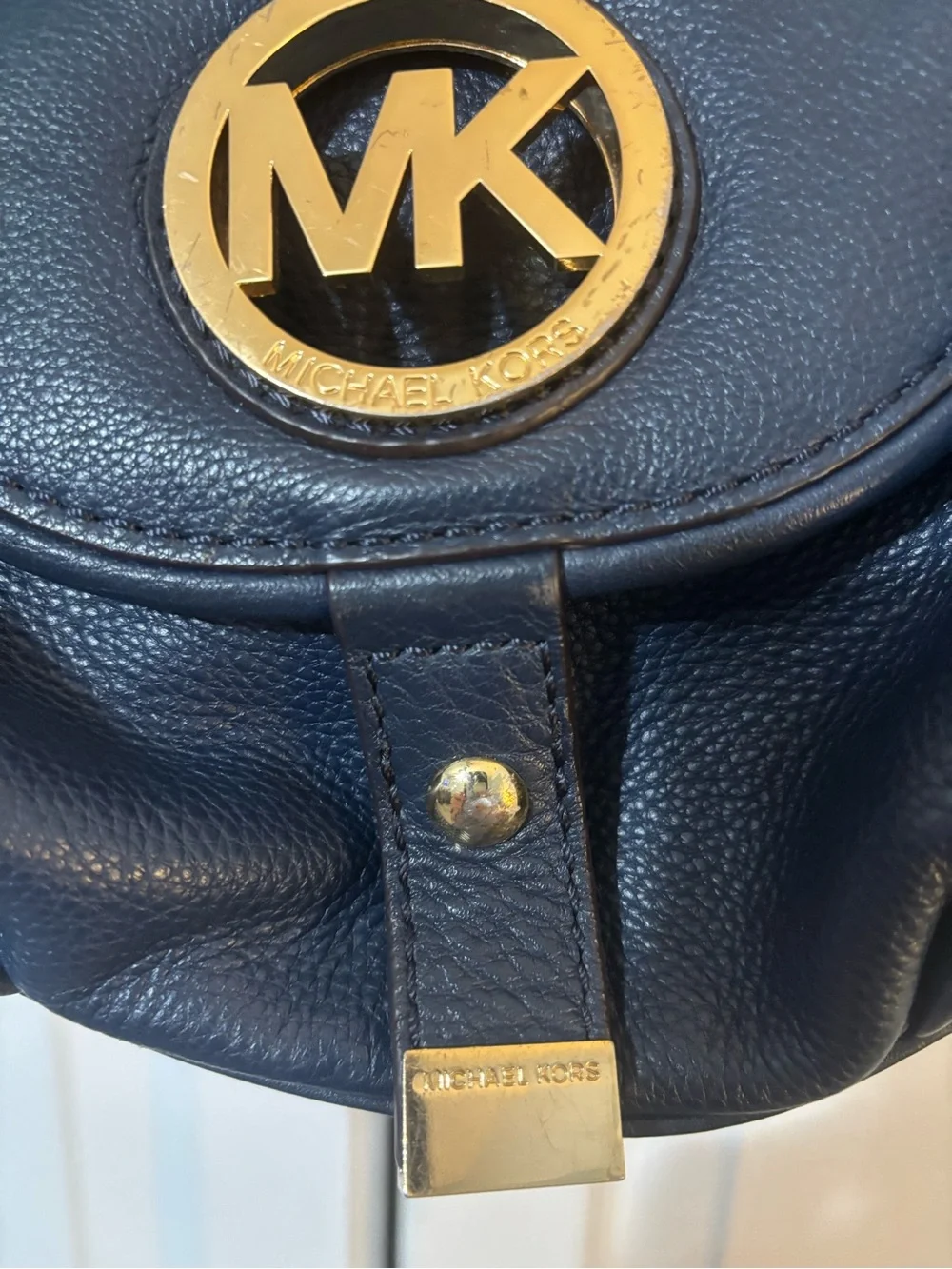 Michael Kors Dark Navy Pebbled Leather Hobo with Gold MK Emblem
